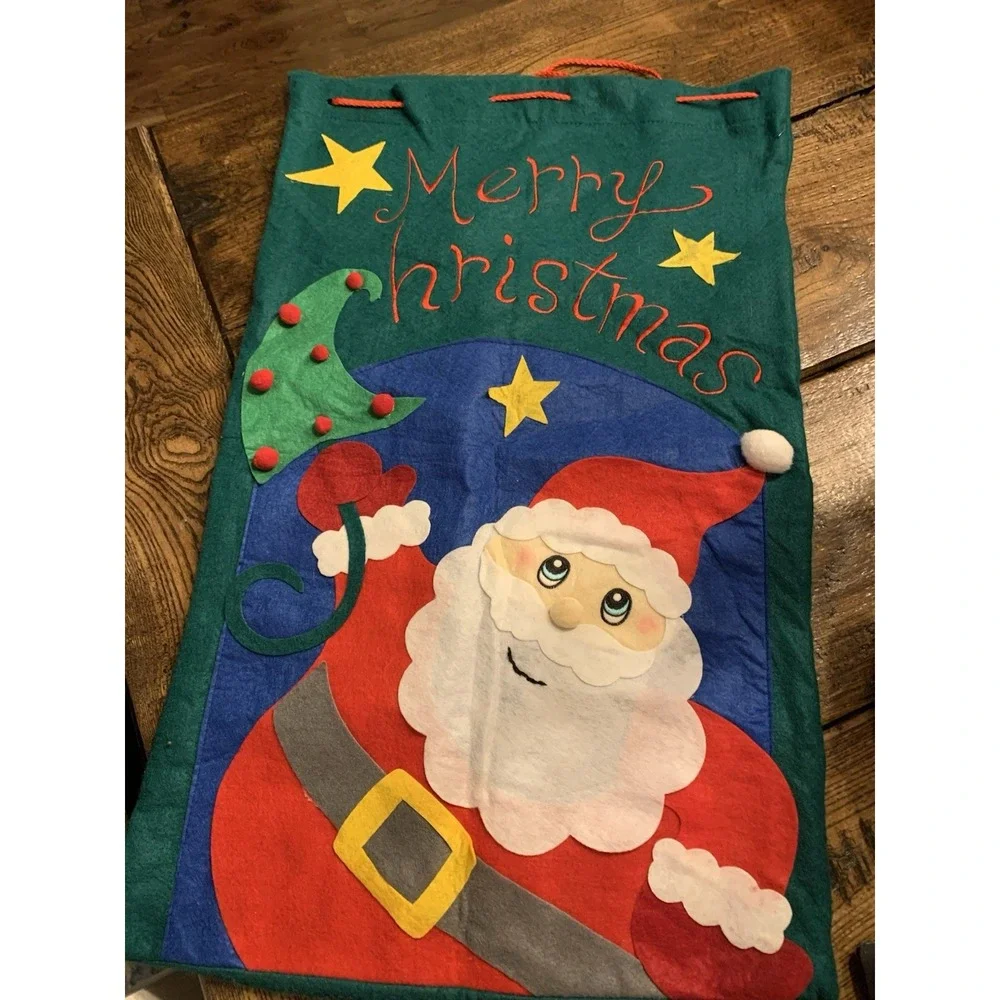 Vintage Felt Christmas Gift Bags Appliqué Drawstring 18‎ X 29